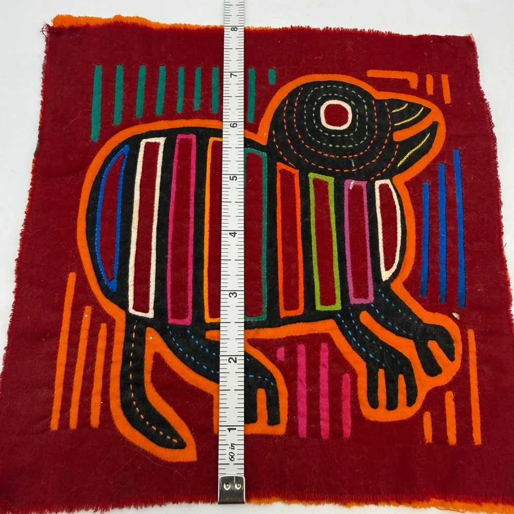 Vintage Panama Mola Textile Art Panel Handmade Reverse Applique Animal Burgundy